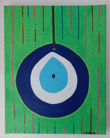 "Evil eye" - Original art, made with acrylic + watercolour on canvas 10x8" (20x25cm). £65 Abstract painting featuring a blue teardrop shape on a green background with vertical lines.