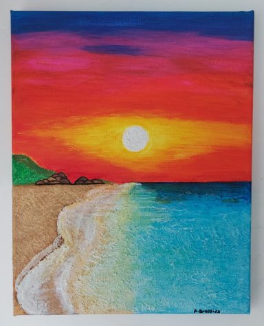 "Sunset" - Original art, made with acrylic + modelling paste on canvas 10x8" (20x25cm). £65 Vibrant sunset over a beach with waves lapping at the shore and hills in the background.