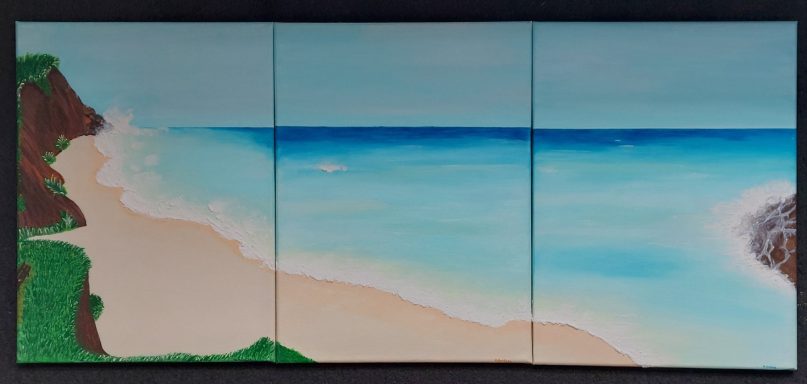 "Tríades" - Original art, made with acrylic + modelling paste on 40x30cm (x3) canvases. £295 A serene beach scene with a blue sea, sandy shore, and green cliffs.