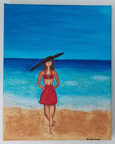 "Red and tanned" - Original art, made with acrylic + modelling paste on canvas 10x8" (20x25cm). £65 A woman in a red bikini and skirt walks along a sandy beach under a large black hat.