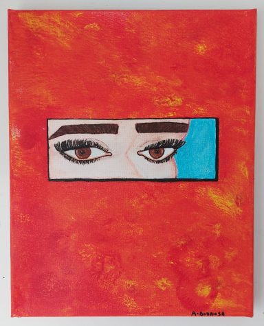 "Letter box" - Original art, made with acrylic + watercolour on canvas 10x8" (20x25cm). £65 Close-up of a pair of expressive eyes set against a vivid red and blue background.