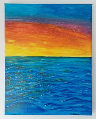 "Sunset somewhere" - Original art, made with acrylic + watercolour on canvas 10x8" (25x20cm). £65 Vibrant ocean scene at sunset, showcasing rich blue water and a colourful sky.