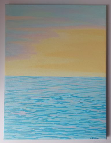 "Sunrise" - Original art, made with pastel acrylic on canvas 40x30cm. £95 Calm ocean scene with shades of blue water against a pale yellow and pink sky.
