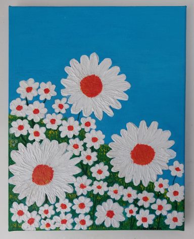 "Margaridas" - Original art, made with watercolour + modelling paste on canvas 10x8" (20x25cm). £65 White daisies with red centres against a bright blue background.