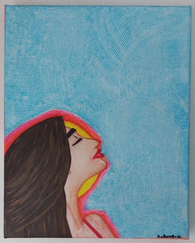 "Breathe Out" - Original art made with acrylic + watercolour + modelling paste on canvas 10x8" (20x25cm). £65 A side profile of a woman with long hair against a bright blue background.
