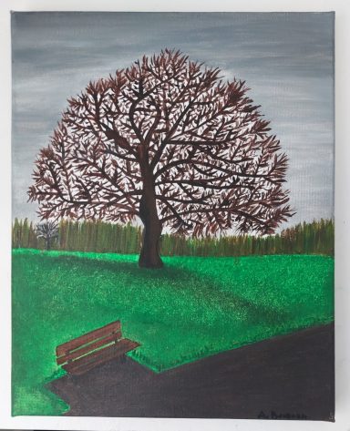 "Heaton Park" - Original art, made with acrylic on canvas 10x8" (20x25cm). £65 A solitary bench beneath a large tree on a grassy area with a cloudy sky.