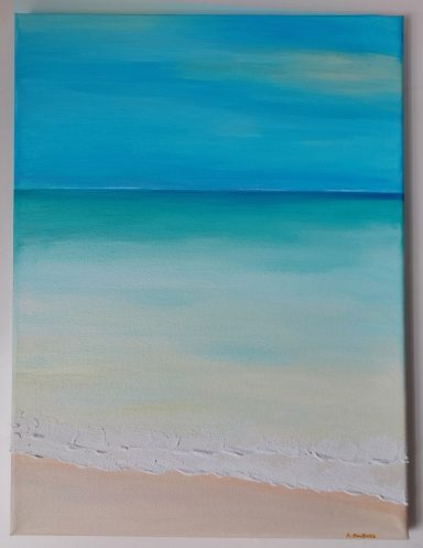 "Coastline" - Original art, made with acrylic + modelling paste on canvas 40x30cm. £95 Calm ocean scene with a gradient of blue skies and gentle waves on a sandy beach.